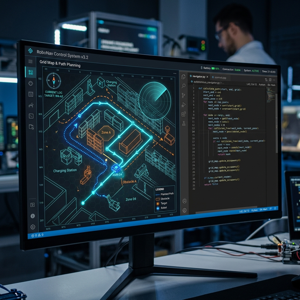 Computer screen with robot path coordinate mapping visualization