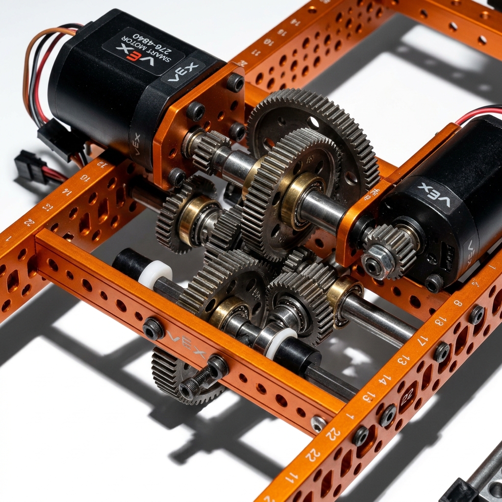Close-up of customized robot intake gear mechanism